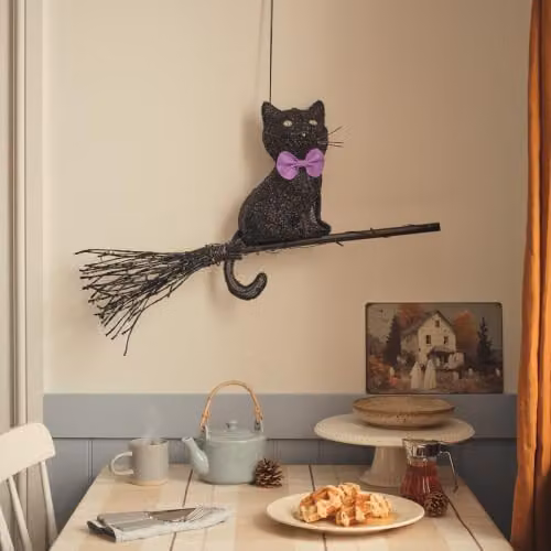 Lights4fun Cat on a Broom Outdoor LED Halloween Decoration in Yellow, Purple, Black and White – 3