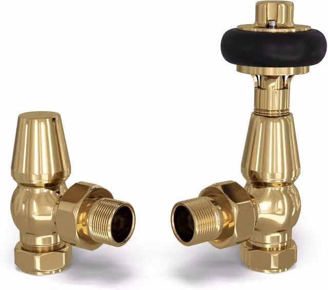 UK Radiators Signature Wooden Head Thermostatic Radiator Valve and Lockshield Angled Set in Polished Brass