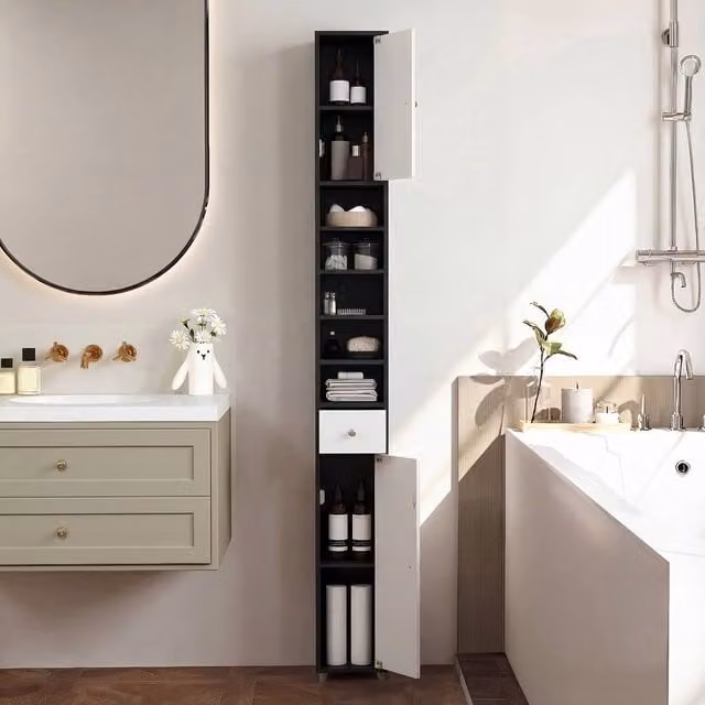 Costway Slim Freestanding Bathroom Storage Cabinet with Drawer and Hinged Doors, Multicolour, Height: 180 cm – 1