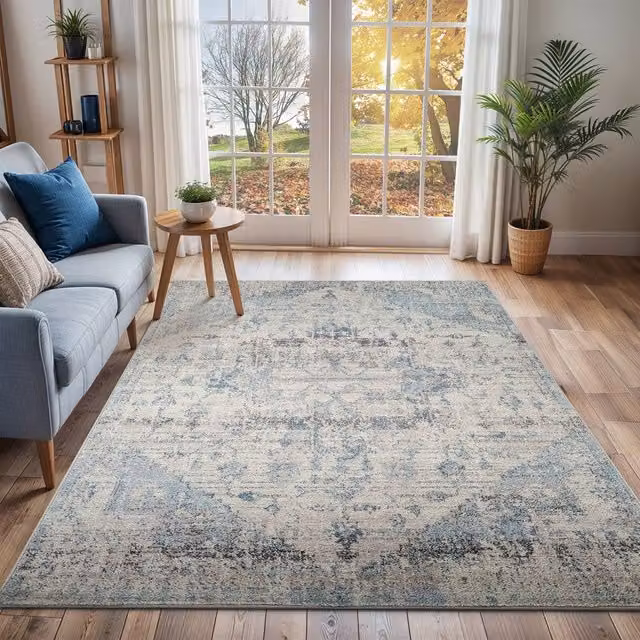 Livabliss Ankara Round Vintage Boho Rug in Grey, Blue and White, Diameter: 200 cm
