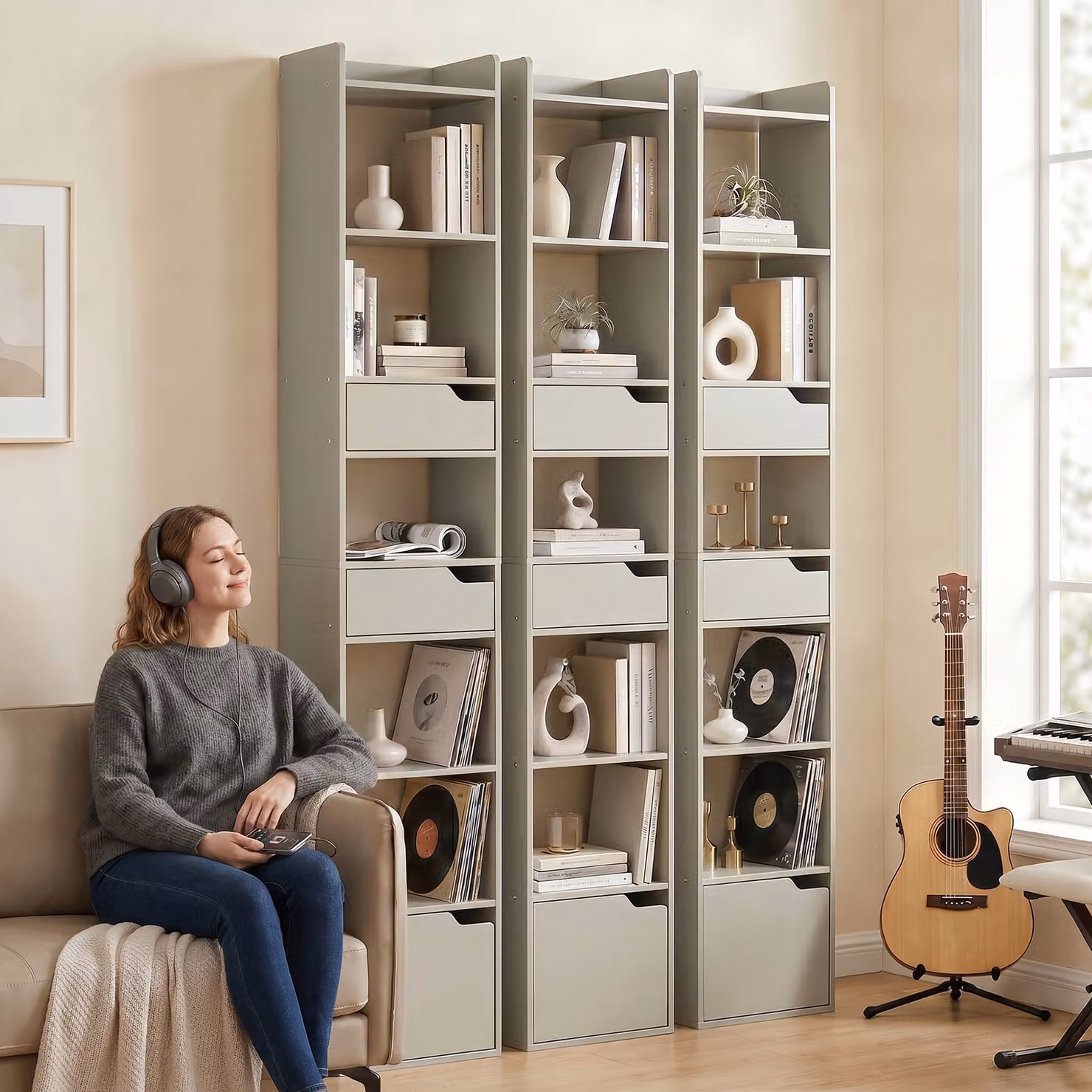 HOMCOM Tall Narrow 5-Tier Bookcase with Drawers and Storage Cabinet, Grey – 4