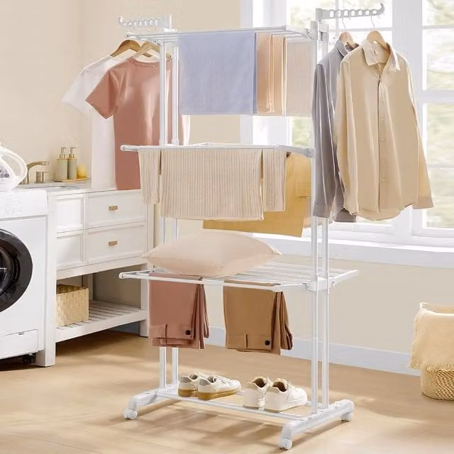SONGMICS Jumbo 4-Tier Foldable Steel Clothes Airer with Wheels in White
