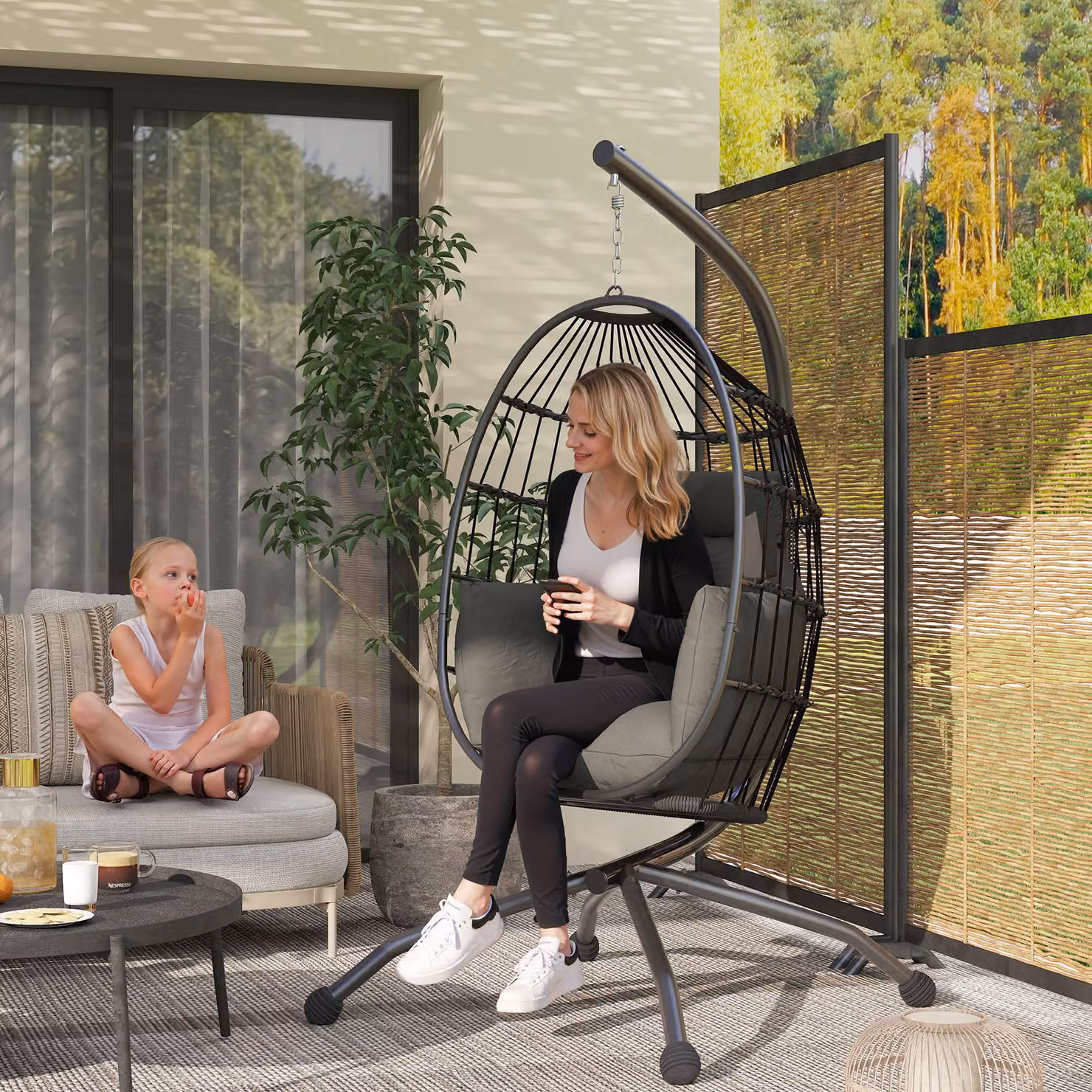 Outsunny Hanging Egg Chair with Stand and Cushions, Dark Grey Rattan Swing Chair for Indoor and Outdoor Use – 2