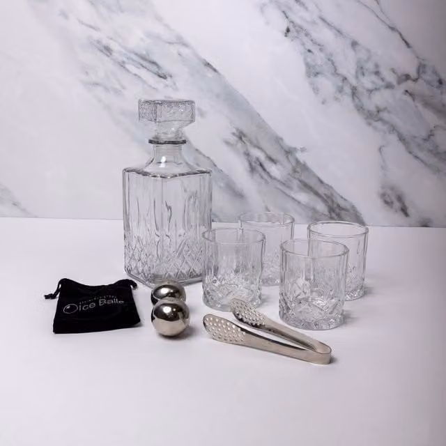 Barcraft 8-Piece Whisky Decanter Set with 4 Glasses, Ice Balls, Tongs and Storage Bag, Clear