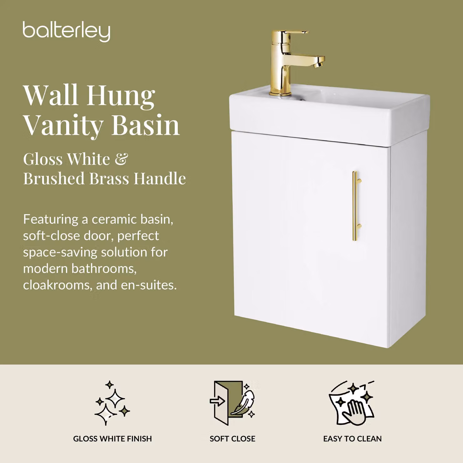 Balterley Modern Gloss White Wall Mounted Vanity Basin with Gold Hinged Soft Close Doors, Width: 40 cm – 2