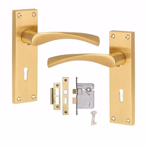 Golden Grace Victorian Astrid Long Backplate Lock Door Handle Set in Brushed Satin Brass