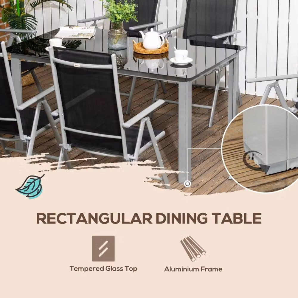Wyld Haus Lule 6 Seater Black Powder Coated Aluminium Garden Dining Set with Glass Table and Folding Chairs – 4