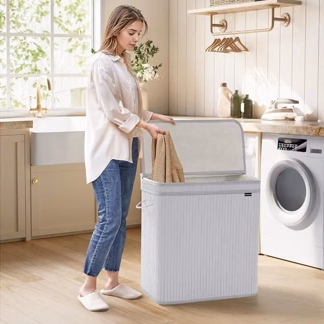 SONGMICS Extra Large Bamboo Laundry Hamper with Lid and Removable Bag in Light Grey