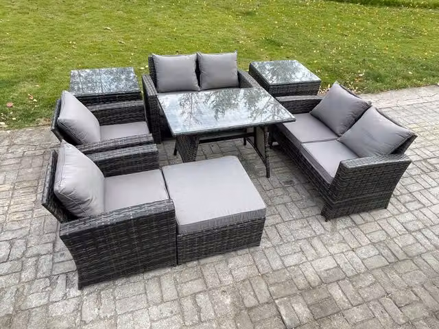Fimous Rattan Garden Furniture Set in Dark Grey with Rectangular Dining Table, Double Seat Sofa and 2 Side Tables