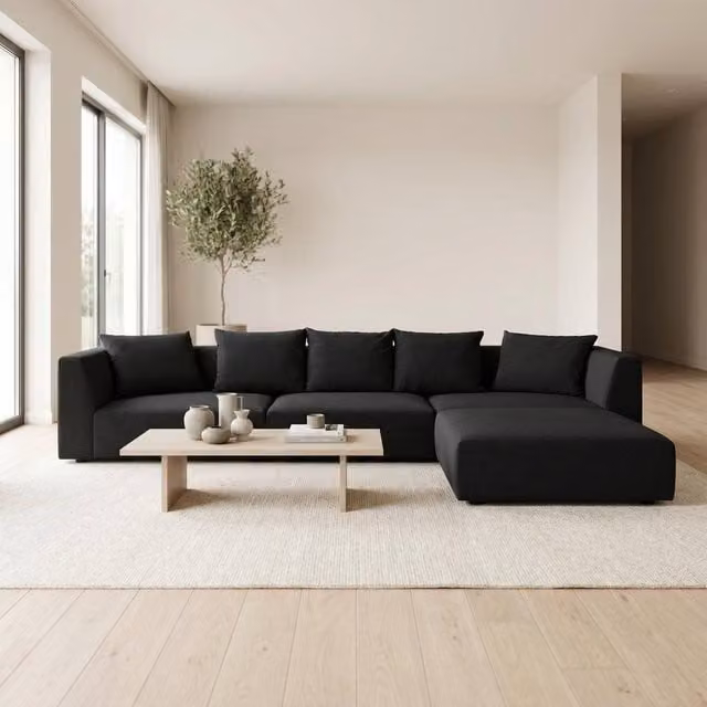 Abakus Direct Tokyo Large L-Shape Corner Sofa in Black and Beige Basket Weave Fabric with Deep Seats