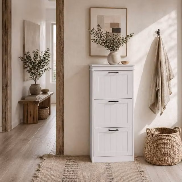 Wyld Haus Naravi Vino Slim White 3 Drawer Shoe Cabinet with Tilting Compartments and Internal Shelves