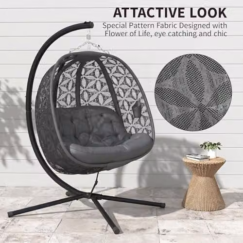 Outsunny Double Hanging Swing Chair with Metal Stand and Cushions, Grey – 3