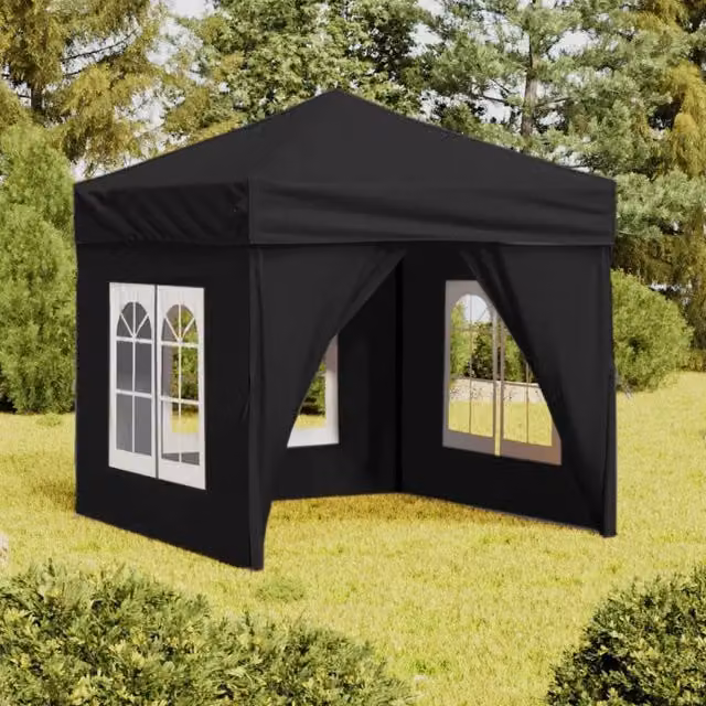 Berkfield Home Folding Party Tent with Sidewalls and Windows, Black and Silver, W/D/H: 2 x 2 x 2 m