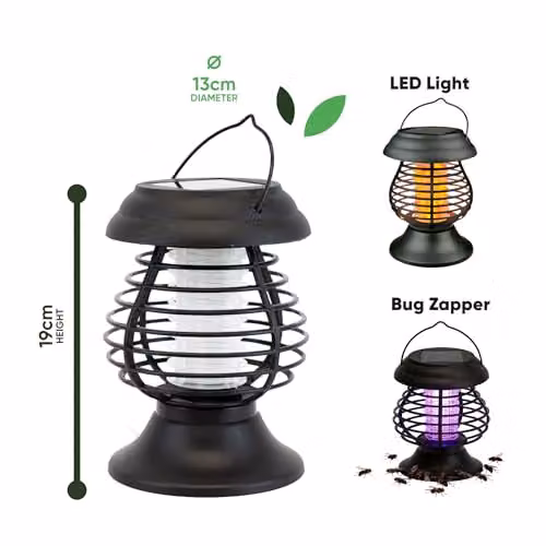 Gardenwize 2-in-1 Solar Powered Yellow Flame LED Lantern and Bug Zapper in Black – 2