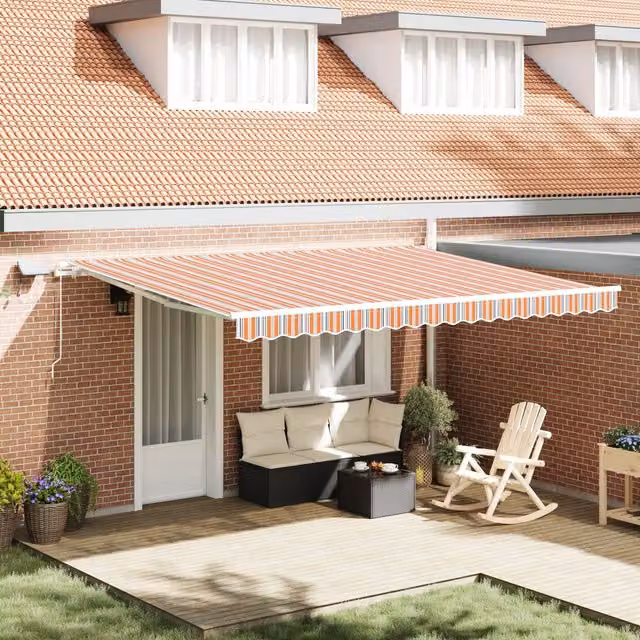 Berkfield Home Manual Retractable Wall-Mounted Awning with LED Multicolour Stripe Acrylic Fabric, W: 450 cm, D: 300 cm