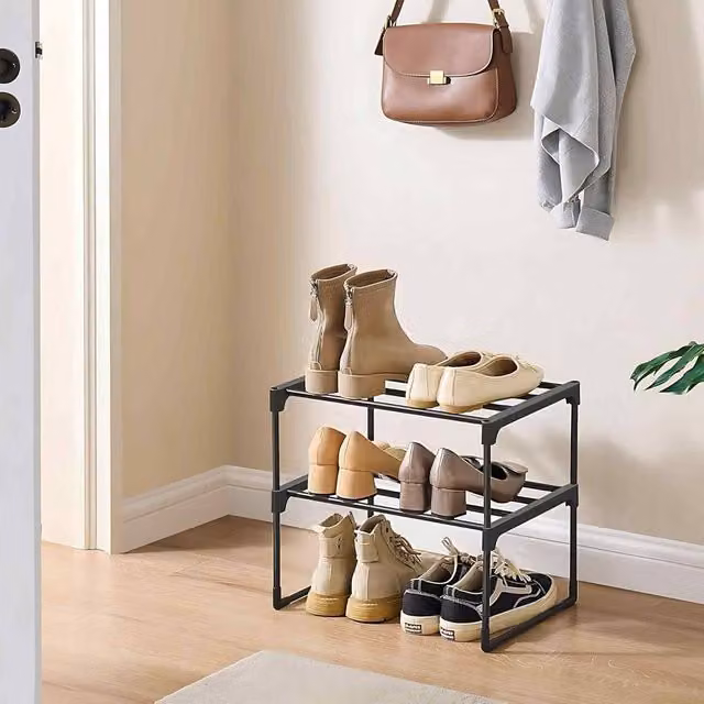 The Bazaarist Stackable 2 Tier Metal Shoe Rack, Black – 1