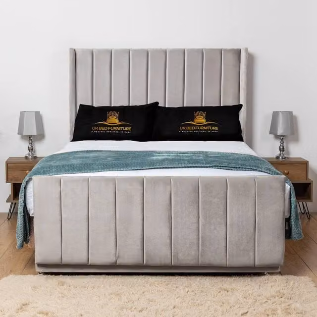 UK Bed Furniture Seoul Silver Velvet Wingback Divan Bed Base with 54 Inch Headboard, King Size, W/D/H: 180 x 200 cm