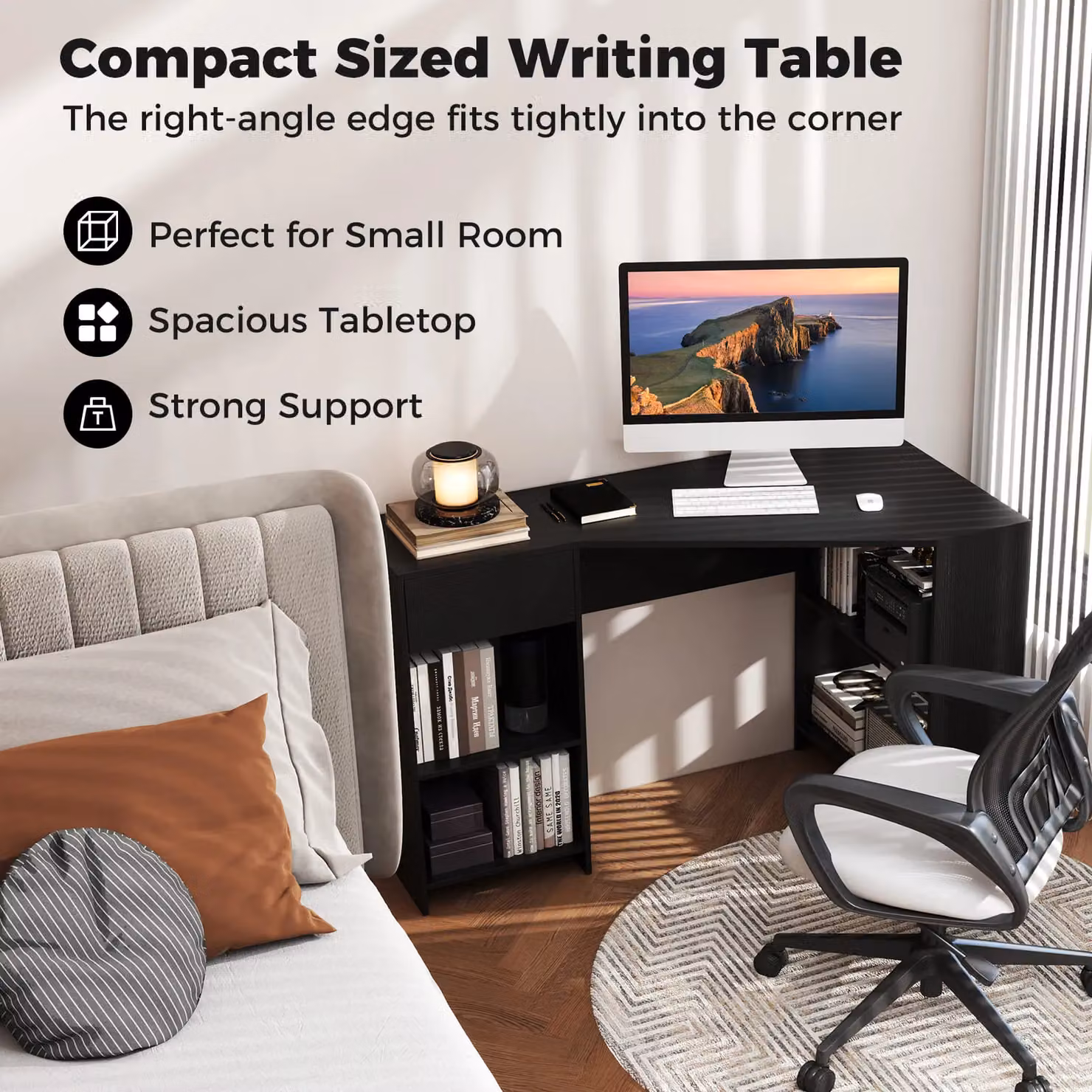 Gymax L-Shaped Corner Executive Desk with Storage Shelves and Drawer in Black – 8