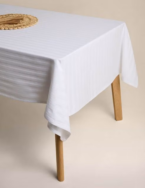 M&S White Striped Pure Cotton Sateen Tablecloth