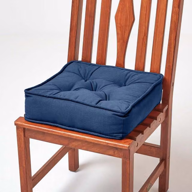 Homescapes Square Cotton Dining Chair Booster Cushion in Blue