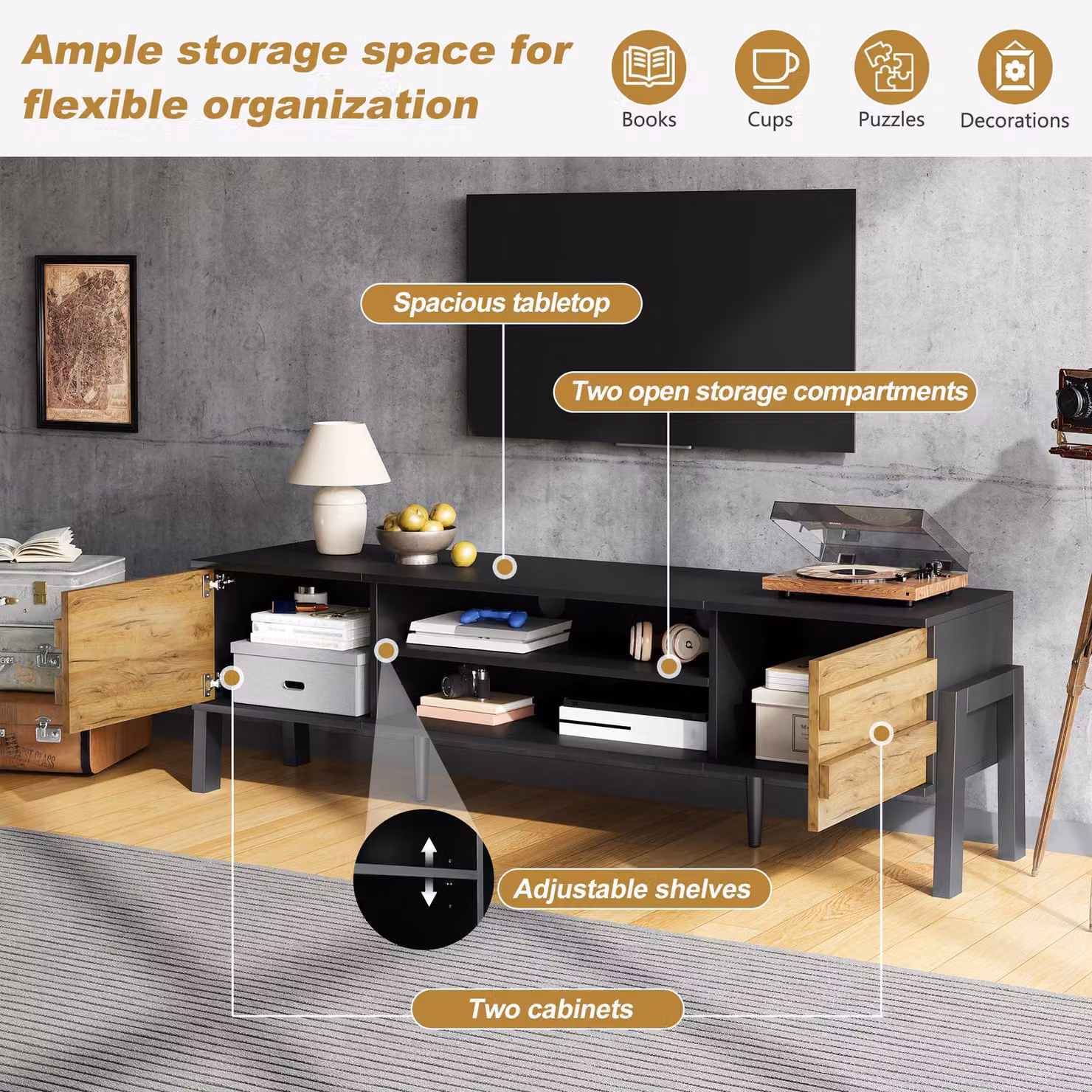 Aosom UK Low-Profile Scandinavian Style TV Cabinet in Natural with Soft-Close Hinges and Adjustable Shelves, W: 39.5 cm, D: 175 cm, H: 53 cm – 5