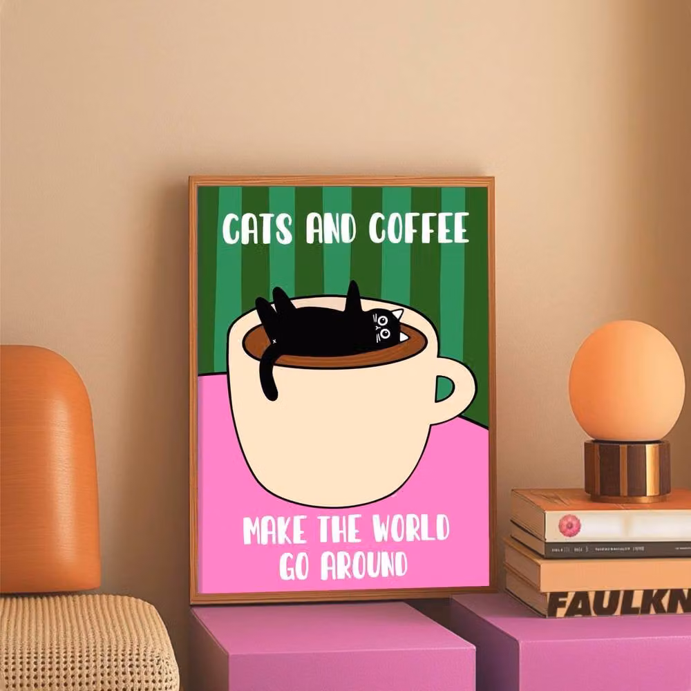The Paper Tail Cats & Coffee Black Cat Funny Multicolour Paper Poster, Size: A5 – 5