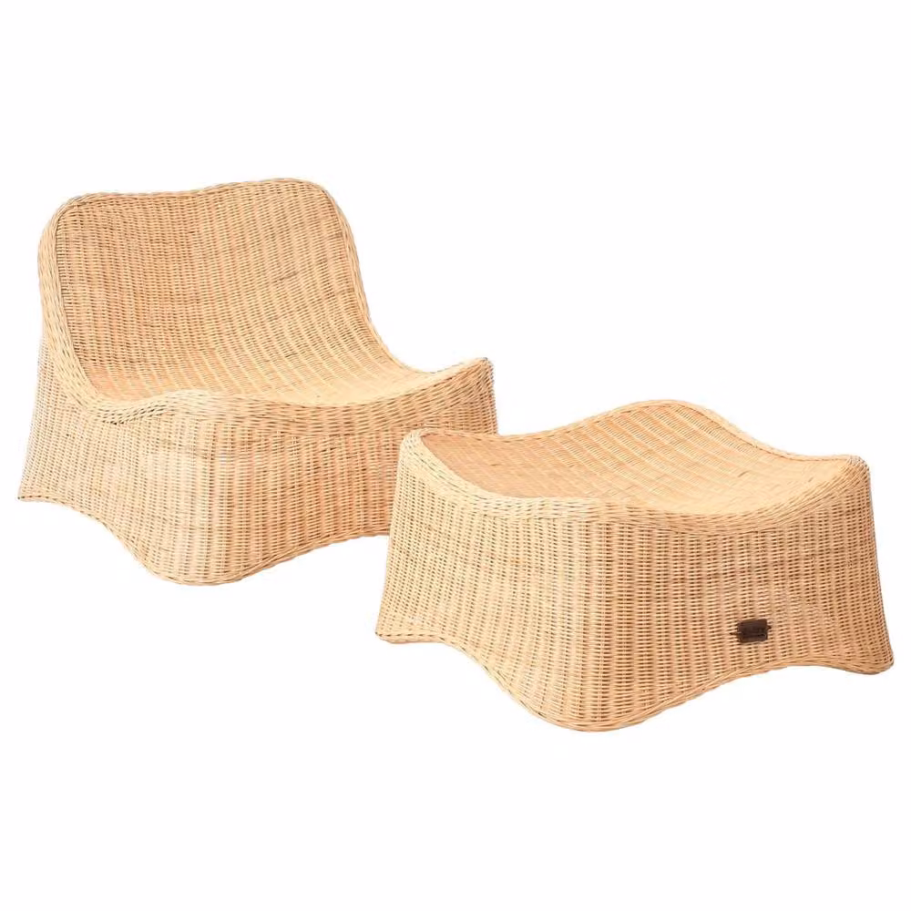 Wyld and Coco Natural Rattan Garden Armchair and Footstool Set in Brown and Beige – 2