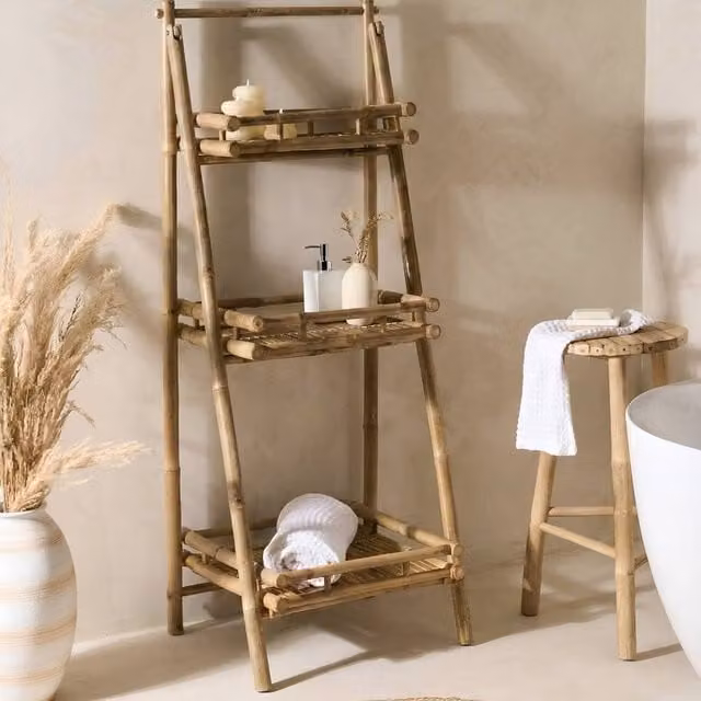 Wyld and Coco 3-Tier Foldable Bamboo Bathroom Shelf in Natural Brown and Beige
