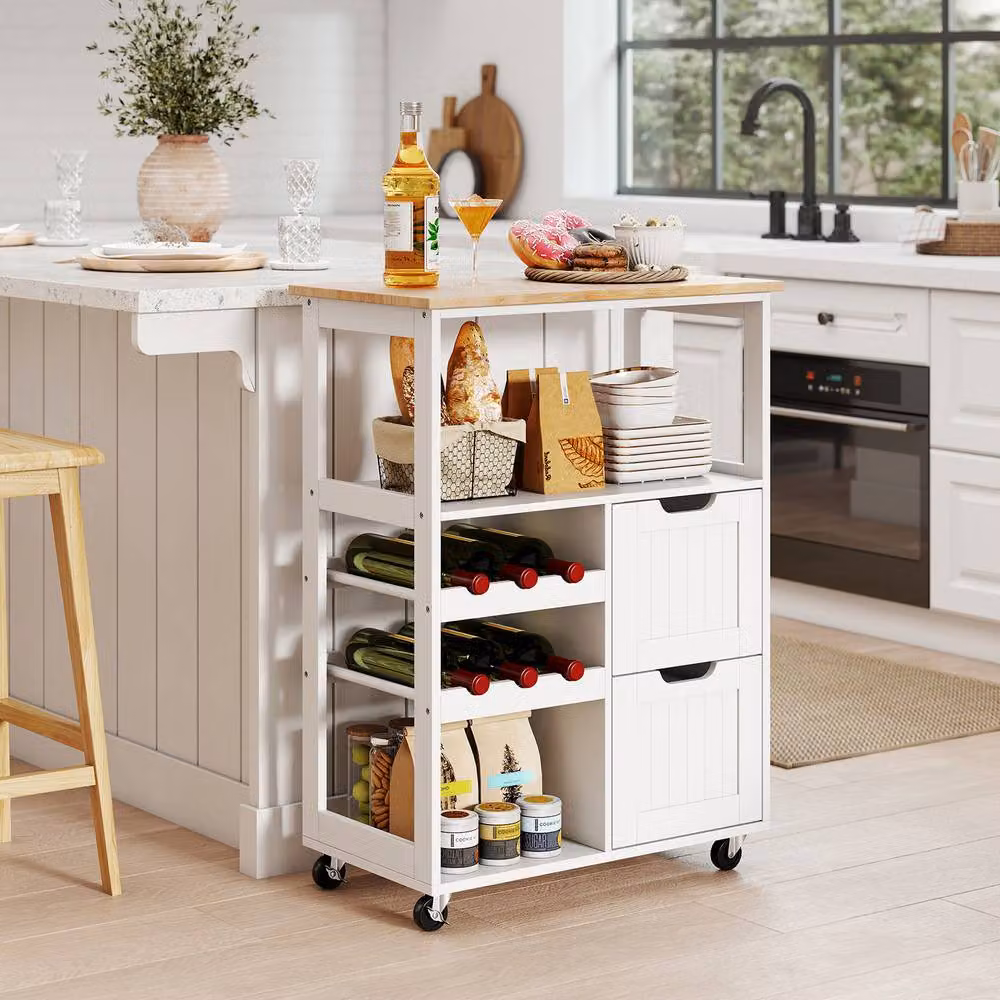 Costway White Serving Trolley with Solid Rubberwood Top and 2-Tier Wine Rack – 2