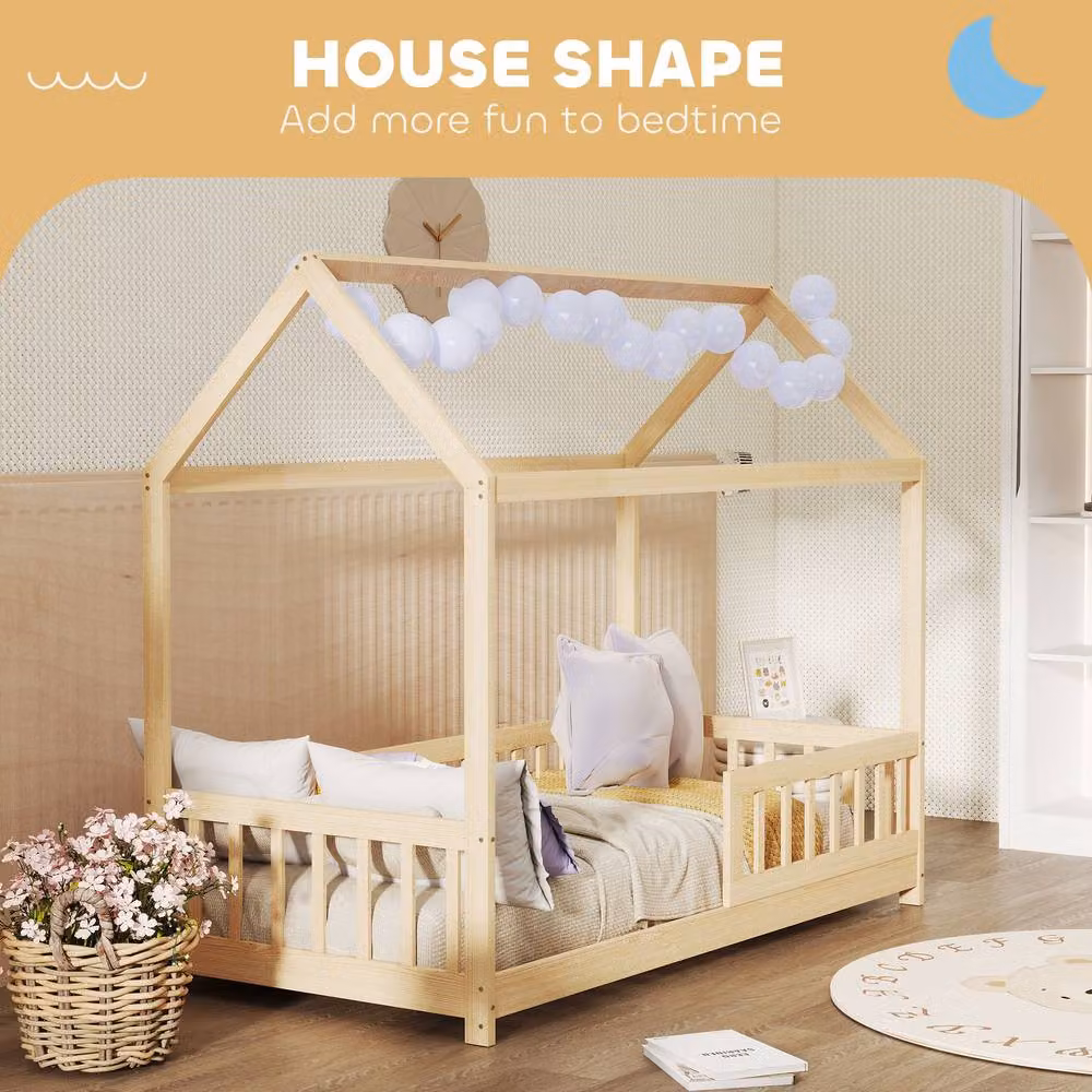 HOMCOM House-Shaped Kids Bed Frame with Guard Rails in Natural and White Solid Wood, 90 x 190 cm – 2