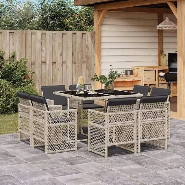 Berkfield Home 9 Piece Modern Garden Dining Set with Light Grey Poly Rattan and Glass Tabletop