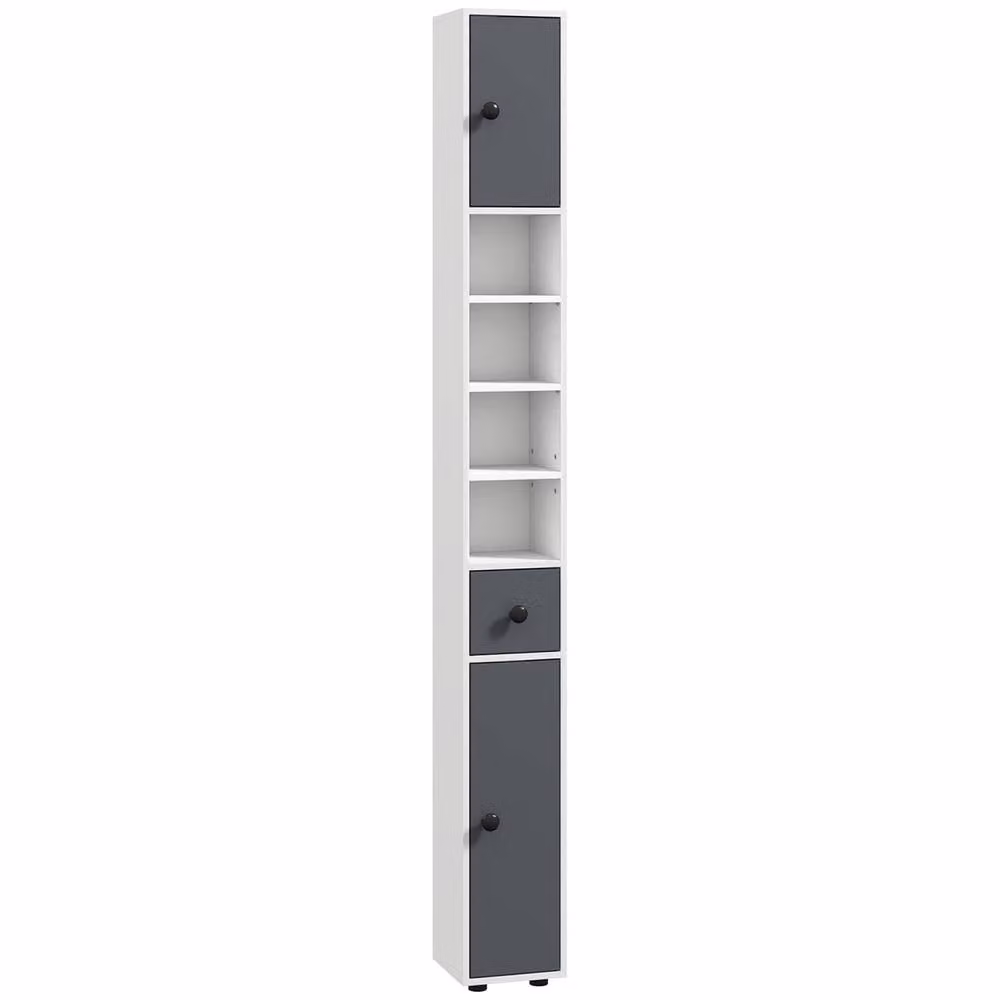 Wyld Haus Fidire Tall Slim Bathroom Cabinet in White and Grey with Drawers, Shelves and LED Lighting – 2