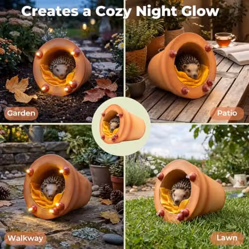 Emitto Hedgehog Solar LED Garden Ornament, Brown Resin Statue – 5