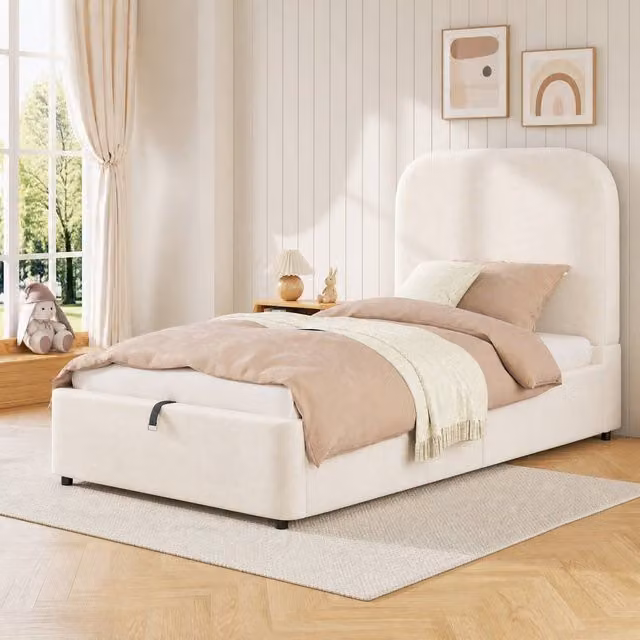 STILVORA Single Upholstered Storage Bed with Hydraulic Lift in Beige Fabric, W/D/H: 90 x 200 cm