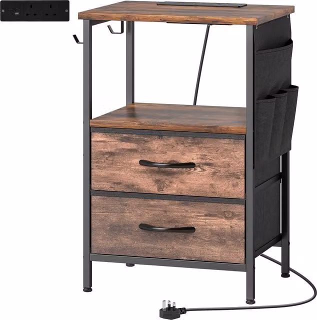 HOMCOM Industrial Bedside Table with Charging Station in Brown, W/D/H: 40 x 30 x 40 cm