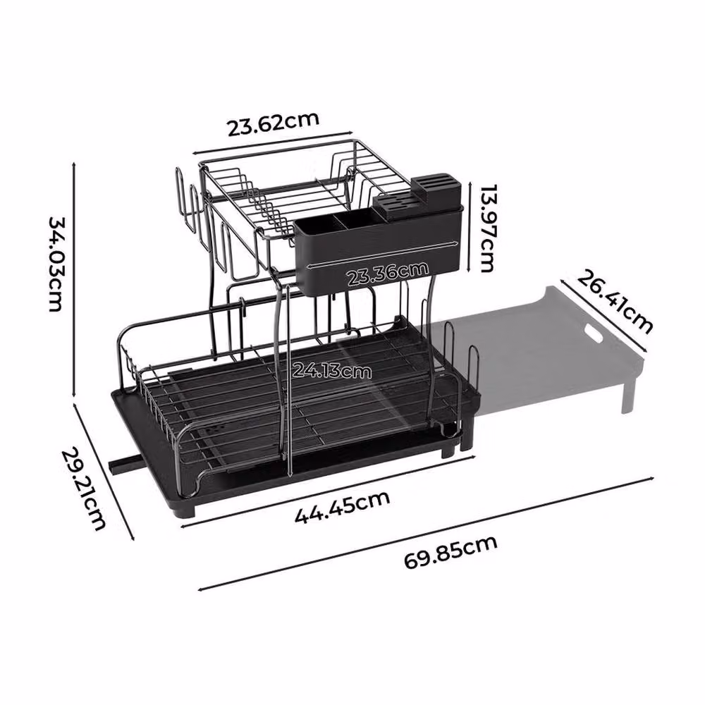 KORVIXA Expandable Black Steel Dish Drainer Rack with Cutlery Holder and Drip Tray – 2