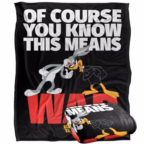 Warner Bros. Looney Tunes Bugs and Daffy This Means War Super Soft Silky Touch Fleece Throw Blanket, Multicolour, W: 152 cm, D: 127 cm – 1