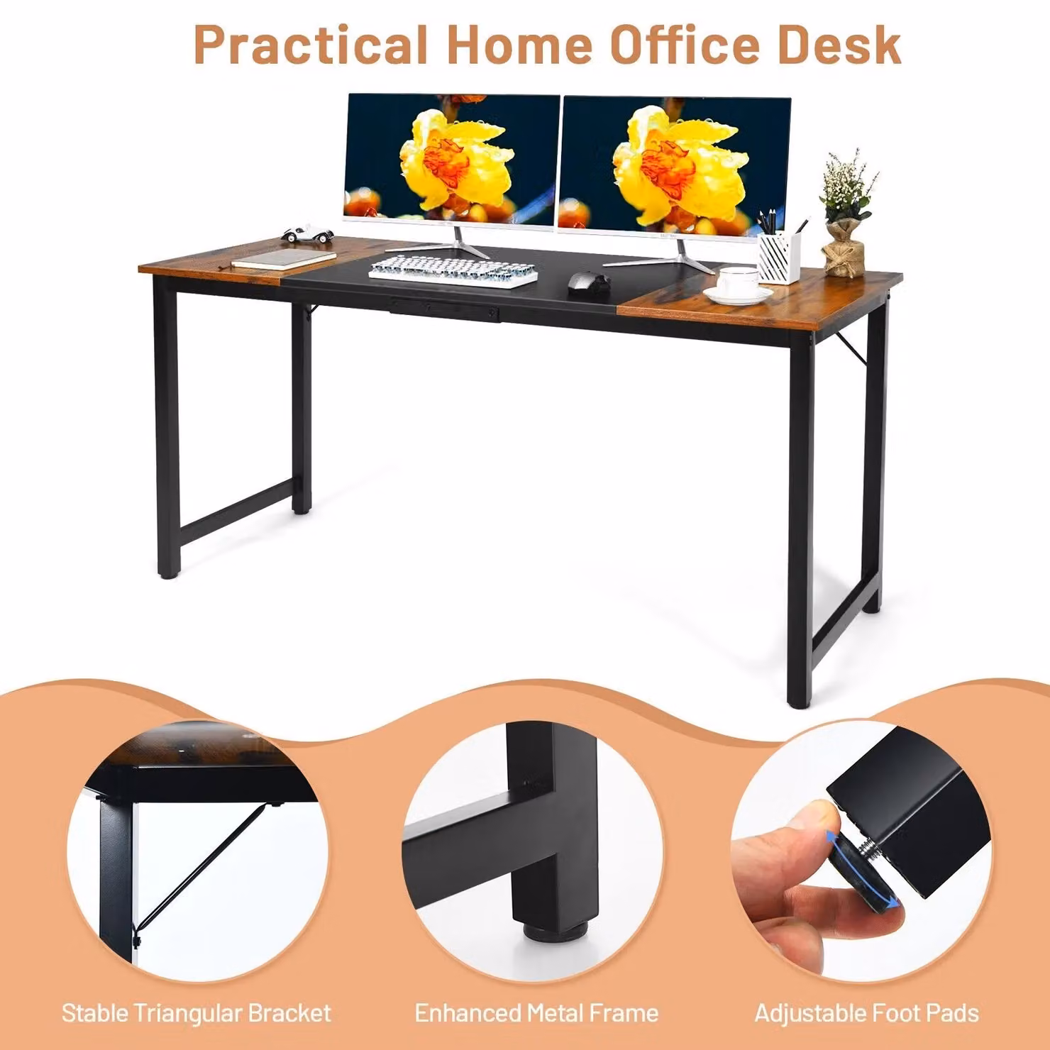 Gymax Industrial Wooden Writing Desk in Brown, W: 160 cm, D: 60 cm – 9