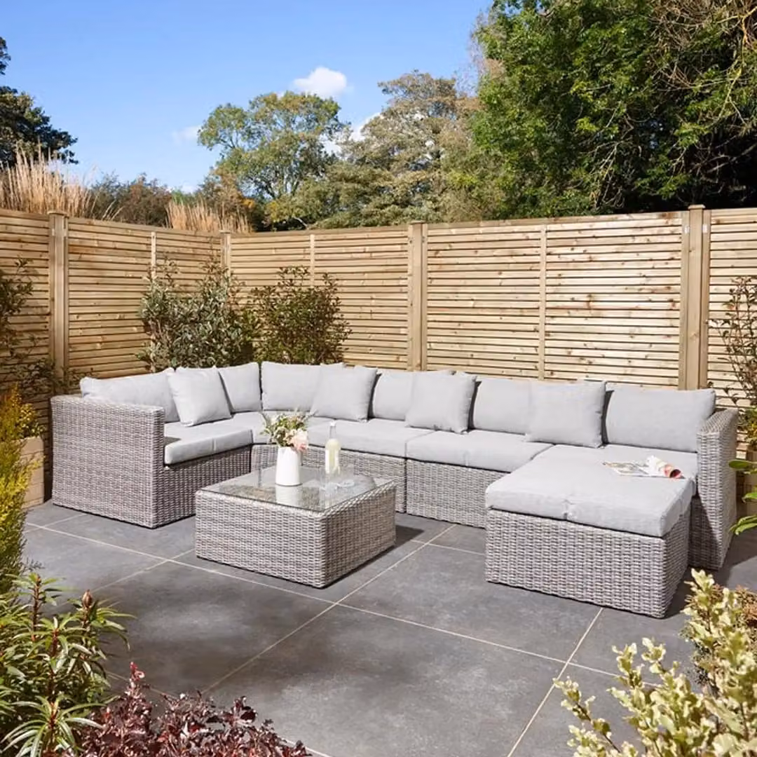 Rowlinsons Marbella L-Shape Garden Furniture Set in Grey with Matching Ottoman and Cushions