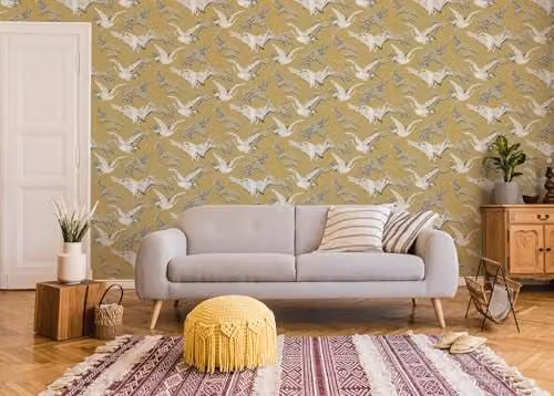 Superfresco Easy Cranes Ochre, Blue and Yellow Animal and Floral Pattern Wallpaper Roll