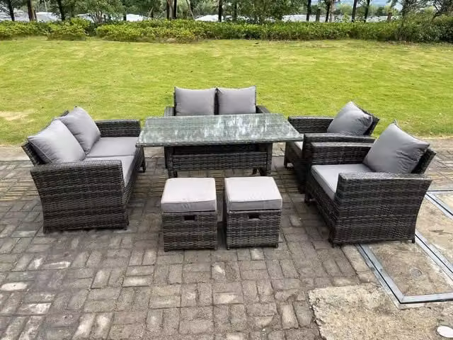 Fimous 8 Seater High Back Dark Grey Mixed Rattan Garden Dining Table Set with Sofa, Armchairs and Stools – 1