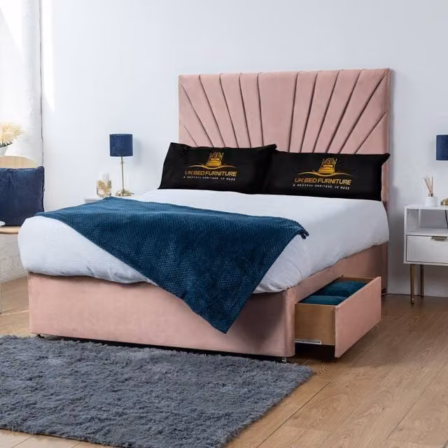 UK Bed Furniture Sunrise Divan Bed with 4 Drawers and 26 Inch Headboard in Pink, King Size, W/D/H: 180 x 200 cm