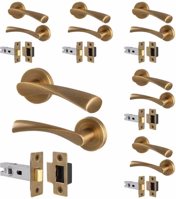 AFIT Antique Brass Door Handle Rose with Latch, 6 Pairs in Bronze, 150 x 150 mm