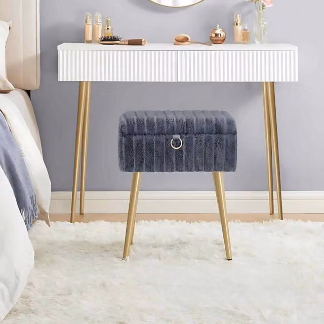 The Bazaarist Dressing Stool with Storage and Upholstered Metal Legs in Dark Grey