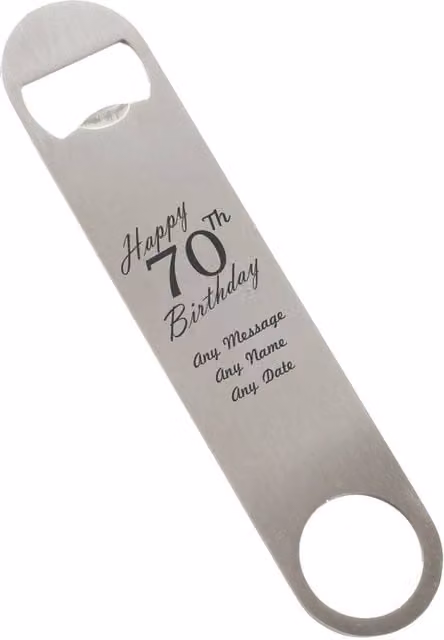 Uniqueful Personalised Happy 70th Birthday Stainless Steel Bar Blade Bottle Opener in Silver