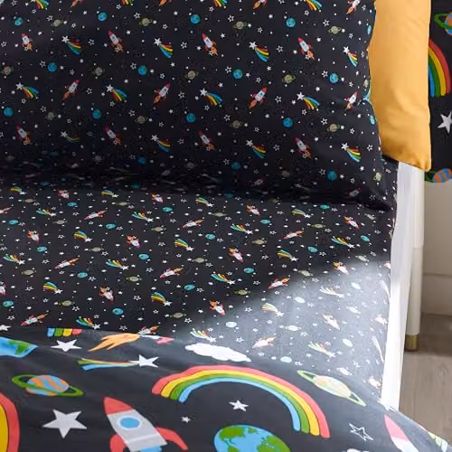 Catherine Lansfield Rainbow Rockets Double Fitted Sheet, Black, W/D/H: 140 x 200 cm – 1