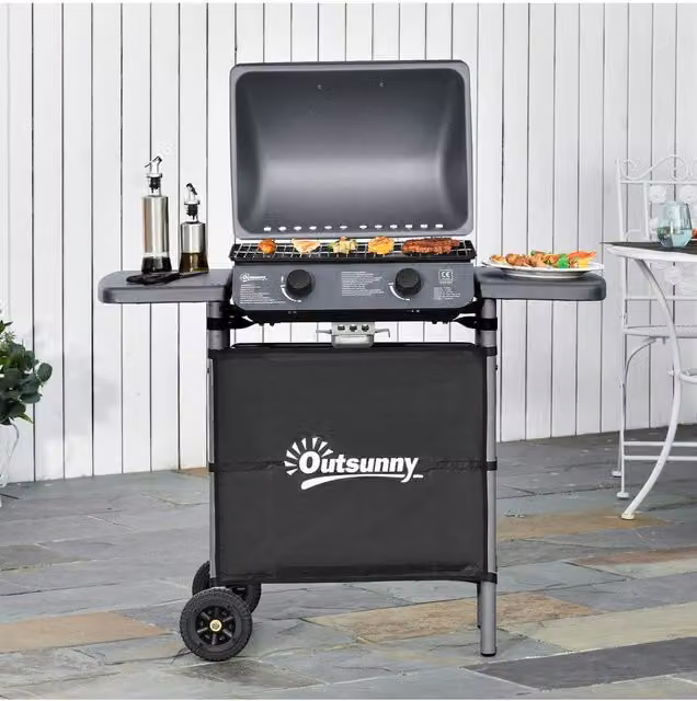 Outsunny 2 Burner Propane Gas Barbecue Grill with Trolley, 5.6 kW, Grey – 5