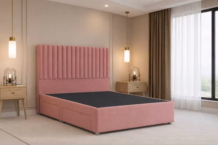 Chester & Oakley Lorenzo Plush Divan Bed Base with 54 inch Headboard, Pink Velvet Fabric, Super King, W/D/H: 200 x 200 cm