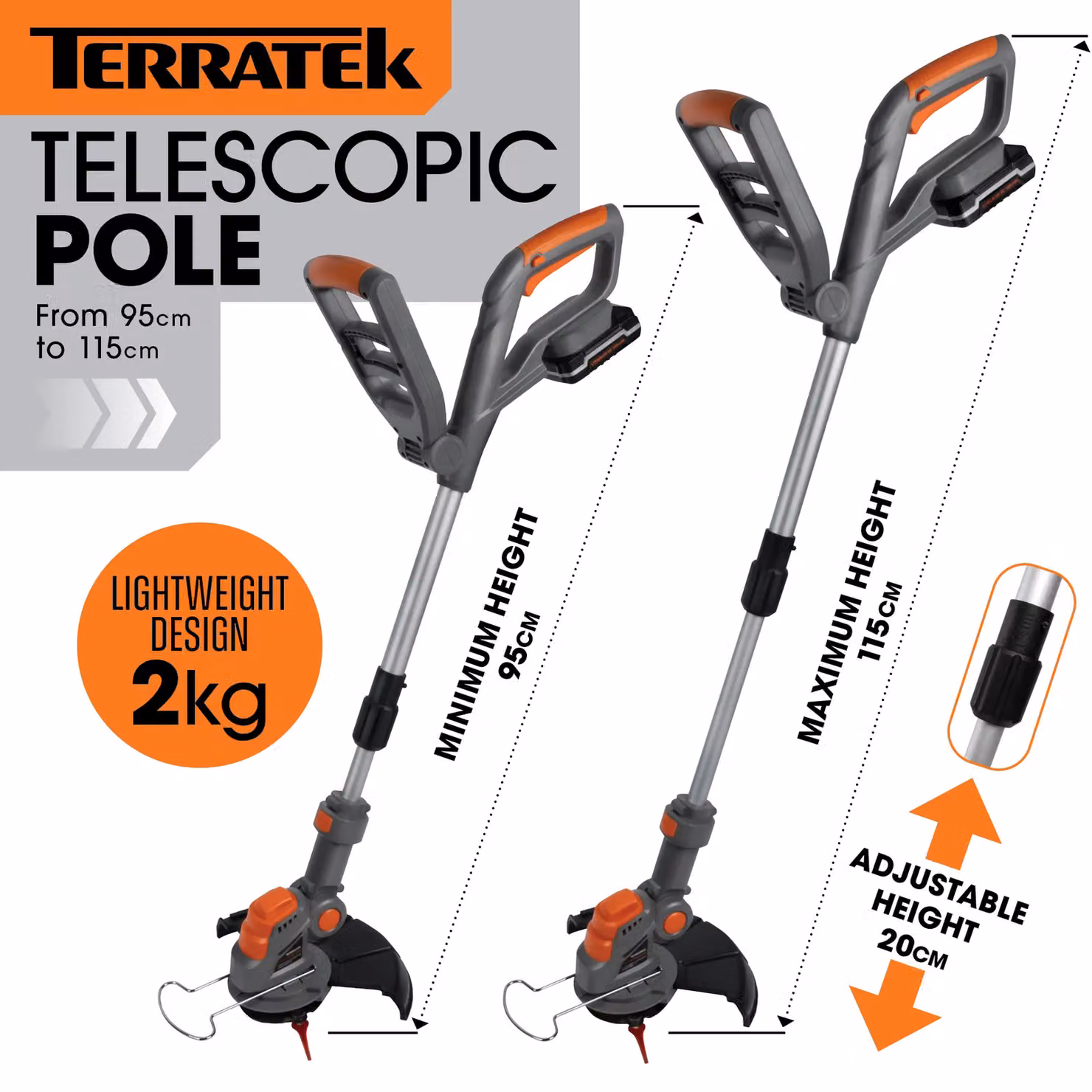 Terratek 20V 2 in 1 Electric Cordless Grass Strimmer and Garden Trimmer with Rechargeable Battery and Blades in Orange – 5