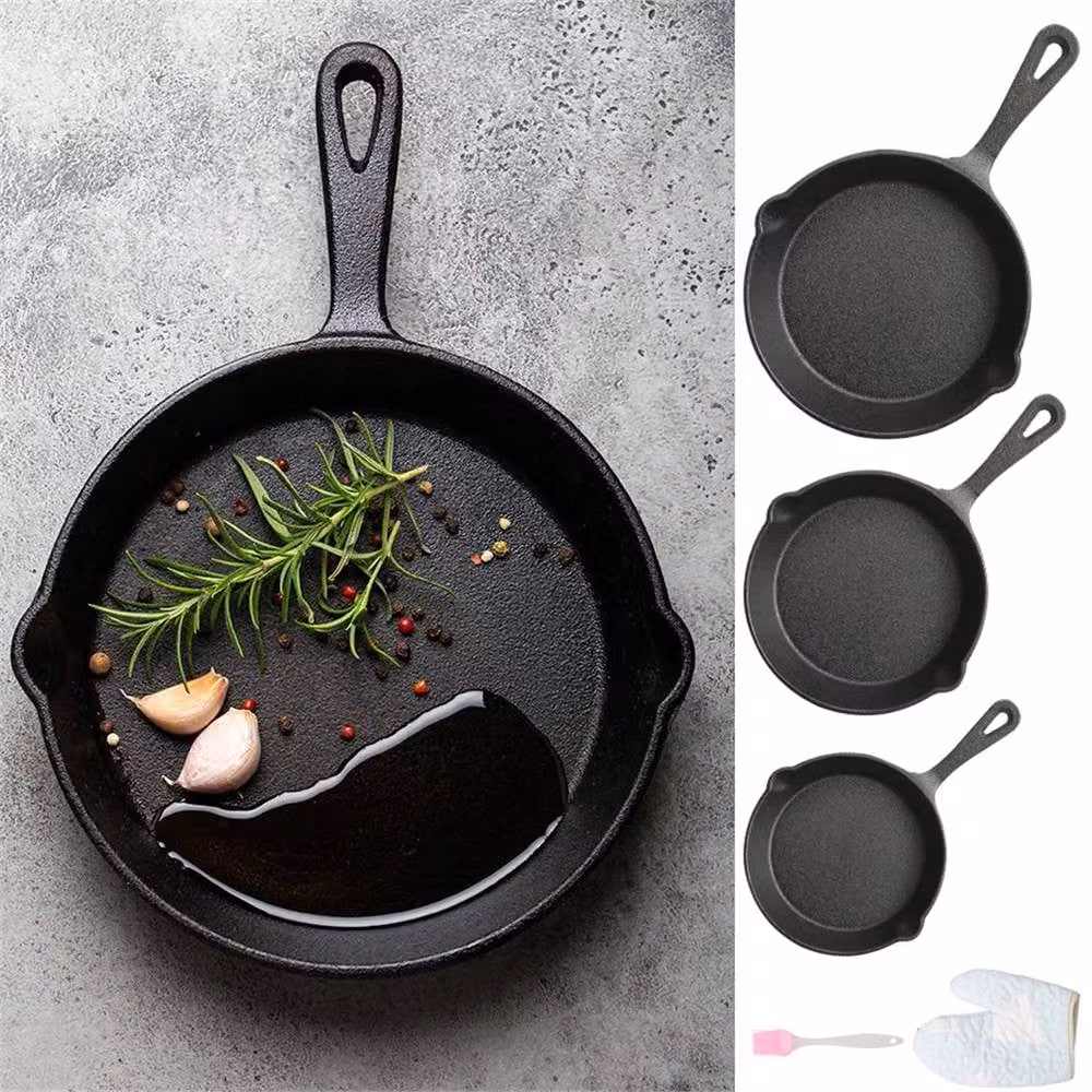 VonShef Set of 3 Black Cast Iron Non Stick Griddle Pans with Pouring Spouts – 5